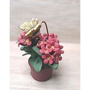 Vintage Miniature Brown Pot  Green Plant & Red Flowers Butterfly Figurine